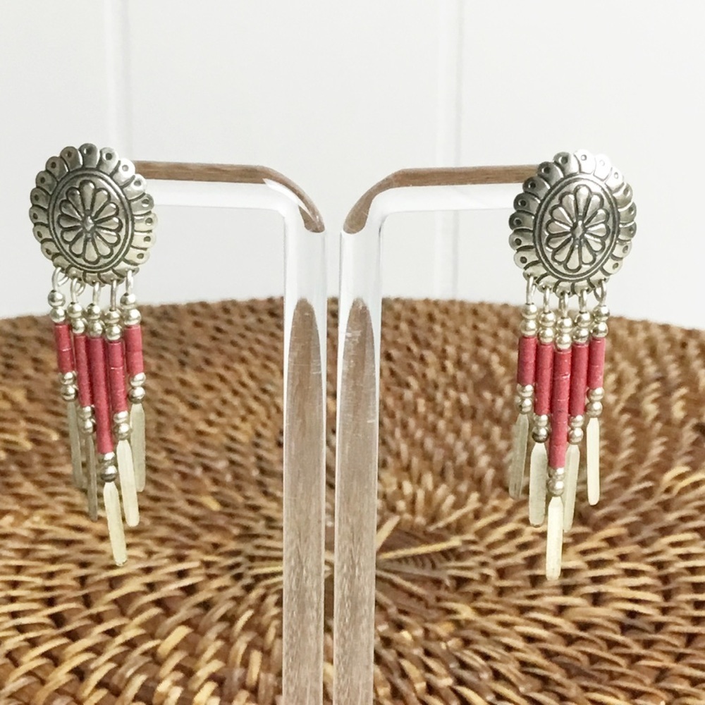 Vintage Red & Sterling Silver Native Design Dangle Earrings